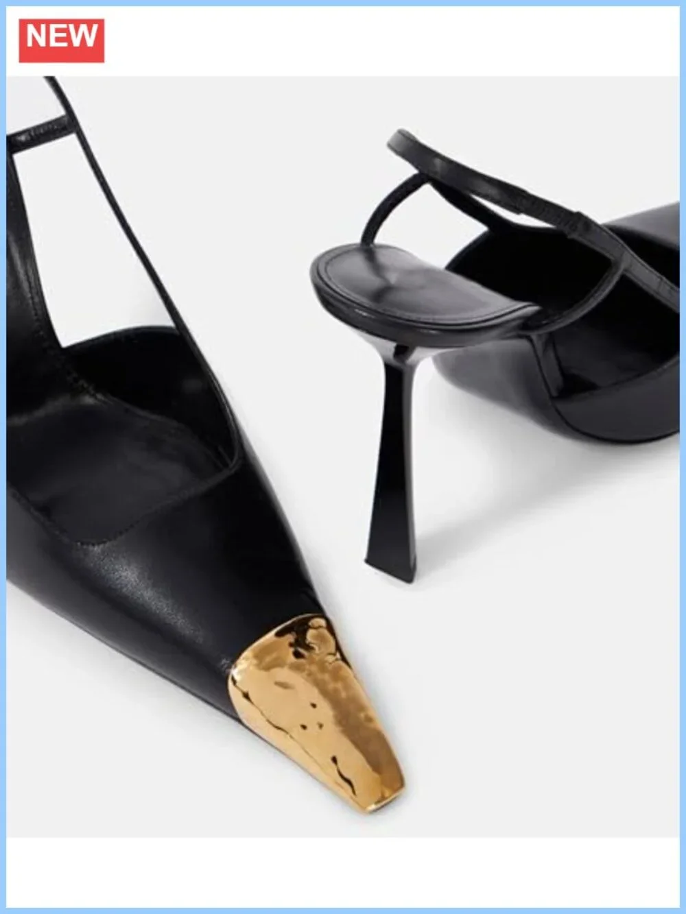 Women's Slingback High Heels Stiletto Pumps Leather Pointed Toe Gold Capped Toe